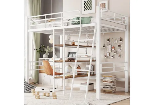 Redom Hochbett Weiß, Metall 90x200 cm – Praktisches Kinderbett mit Schreibtisch und Regalen - Modernes Hochbett in Weiß für Kinder- und Jugendzimmer. Mit praktischem Schreibtisch, Regalen und umlaufendem Geländer für Sicherheit. Ideal für kompakte Räume und kreatives Arbeiten.