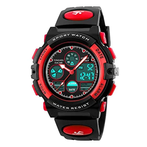 TONSHEN LED Digitaluhr Analog Quarzuhr Doppel Zeit 50M Wasserdicht Uhr Outdoor Militär Tactical Sport Uhren Plastik Lünette mit Silikon Band Neutral Armbanduhr (Rot)