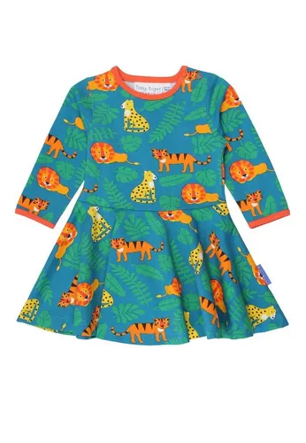 Toby Tiger Kleid in Grün, Größe 98 für Babys - Stylisches Toby Tiger Kleid in Grün aus 100% Bio-Baumwolle, Größe 98. Ideal für kleine Entdeckerinnen, mit praktischem Druckknopfverschluss und verspieltem Allover-Muster. Perfekt für den Alltag!