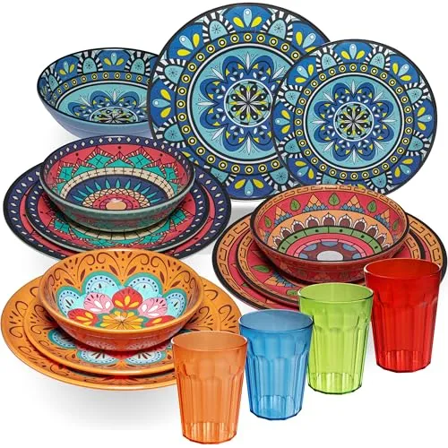 Melamin Geschirr Set Toskana Pastel für 4 Personen - 16 Teile - BUNT - Mandala-Optik mit farblich passenden Trinkgläsern 630 ml aus Acryl Essgeschirr Zubehör Campinggeschirr Wohnwagen Camping