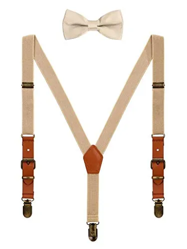 WANYING Kinder Baby Kleinkind Jungen Mädchen Hosenträger Fliege Set für 1-8 Jahres alt Vintage Stil 2cm Breite 3 Clips Y Form Hosenträger - Beige