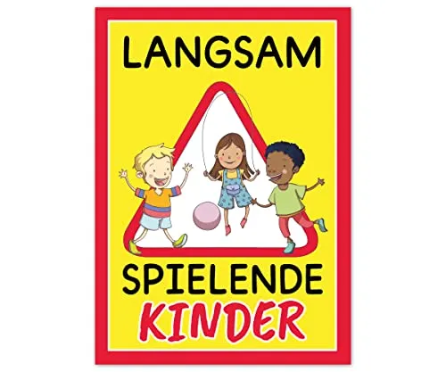 Achtung Kinder Schild mit Leuchtfarben - Warnschild spielende Kinder – Vorsicht langsam fahren Straßenschild aus stabiler Hartschaumplatte - Hinweis Warnung Spielstraße (21 x 29,7 cm)
