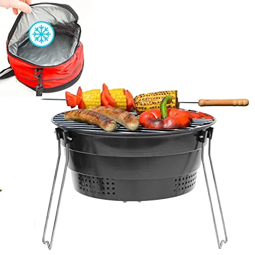 eyepower Faltbarer BBQ Grill mit Kühltasche - Ø 28cm - Praktischer Campinggrill mit Kühlfach für Grillgut & Getränke, ideal für Picknicks und Reisen. Klappbar, leicht und einfach zu montieren - der perfekte Begleiter für Grillfans unterwegs!