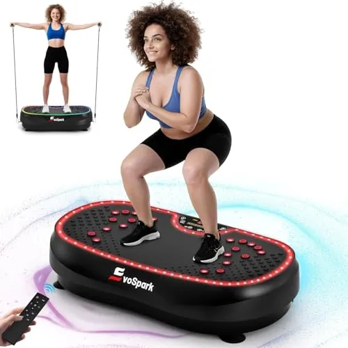 Vibrationsplatte, EvoSpark Vibrationsplatte Testsieger 2026 mit 6+1 Trainingsmodi, 9 coolen LED-Lichtern Vibration Plate für Zuhause, Power PLlate mit 200W Bürstenlose Motoren,199 Geschwindigkeiten