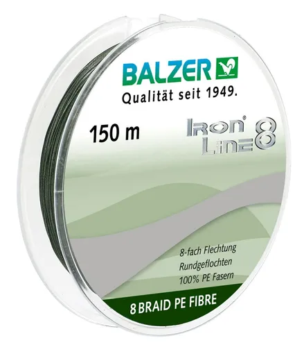 Balzer Iron Line 8x Green Geflochtene Angelschnur 150m - Angelschnur in Grün, 8-fach geflochten für höchste Belastbarkeit von 34,8kg. Ideal für anspruchsvolles Angeln und maximale Zuverlässigkeit.