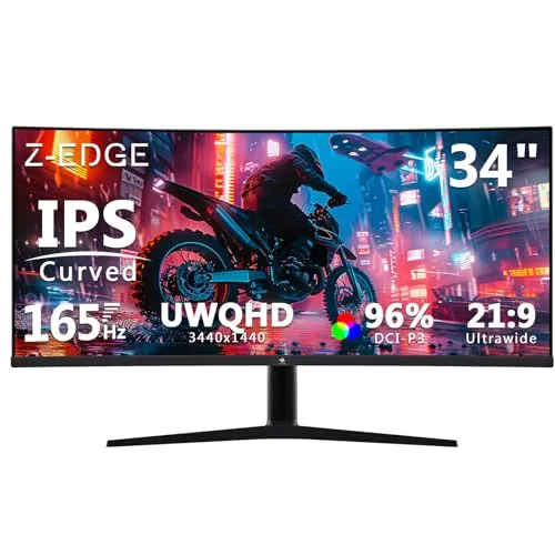 Z-Edge 34 Zoll Ultrawide Curved Gaming Monitor 165Hz UWQHD IPS 21:9, 3440x1440, 1ms MPRT, 96% DCI-P3, 120% sRGB, FreeSync, HDR10, Höhe/Neigung/Drehung Einstellbar, HDMI DisplayPort, Schwarz
