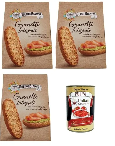 3x Mulino Bianco Crostini Granetti integrali Vollkorn-Croutons, reich an Ballaststoffen Snack, 280g + Italian Gourmet polpa 400g