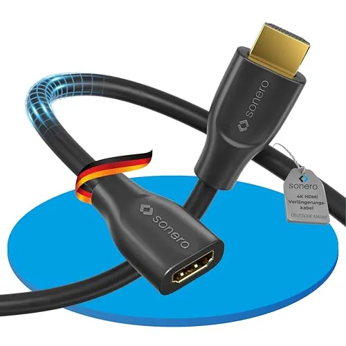 Sonero HDMI Verlängerungskabel Verlängerung, 4K 60Hz, Stecker/Buchse, 0,5m | HDMI Verlängerung, Portsaver für Bild und Ton mit 4K, 60Hz, 18 GB/s, doppelt geschirmt und robustem PVC-Mantel