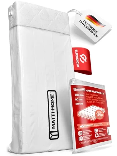 Matti-Home Matratzenhülle mit Reißverschluss – 7 Größen, blickdichte Folie weiß, extra reißfest 120µ, Schutz für Matratze bei Transport, Umzug, Aufbewahrung (90 x 200 x 30cm)