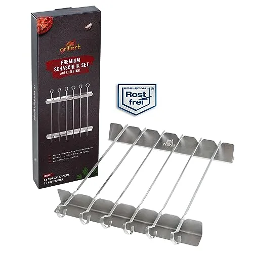 grillart® Premium Schaschlikspieße aus Edelstahl mit Gestell – Hochwertige Grillspieße für den Grill mit 360° Drehfunktion für eine gleichmäßige Zubereitung