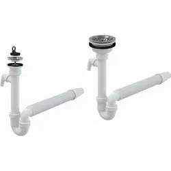 Spülbecken Ablaufgarnitur Flex-Röhrensiphon 1,5' mit Geräteanschluß und Edelstahl Ablaufventil, Verschluss:ø70mm - Weiß