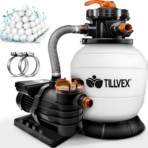 tillvex Sandfilteranlage 10 m³/h mit 800g Filterbällen - Hochwertige Sandfilteranlage für Pools mit 5-Wege Ventil und Druckanzeige. Sorgt für klares Wasser und hygienischen Badespaß mit einer Fördermenge von 10.200 l/h.