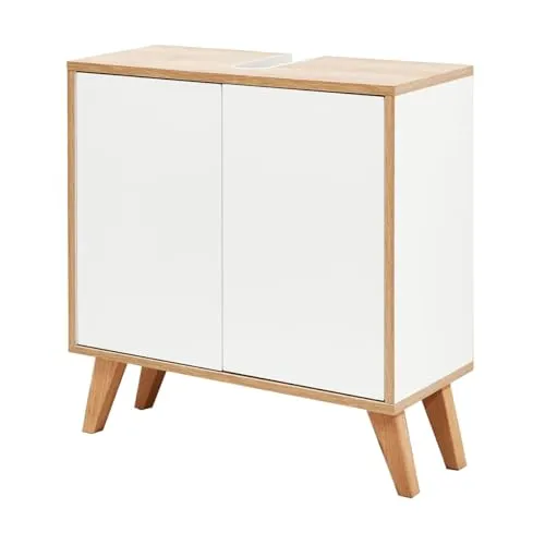 BadeDu Minho Waschbeckenunterschrank – 60 cm breit in Braun hell/Weiß, Skandinavisches Design Made in Germany