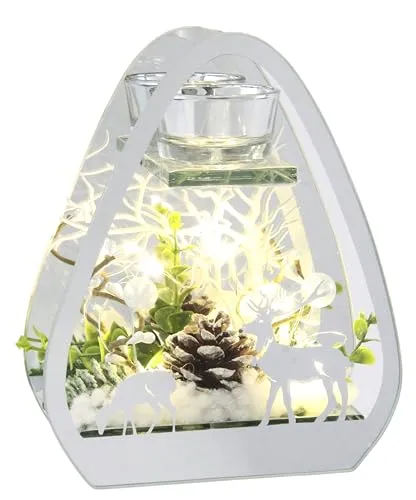 Teelichthalter aus Glas mit Kerze LED Licht Tannenzweigen Tannenbaum Kerzenhalter Deko-Objekt Lampe Stimmungslicht Weihnachtsdeko Dekoration Weihnachten Glas Geschenk Dekoobjekt Ornamente 3D Bild