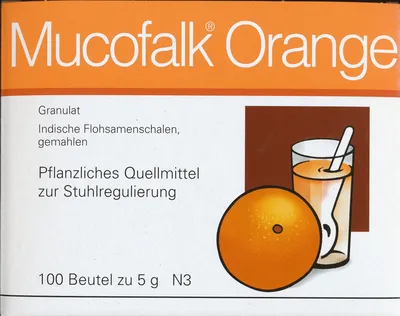 Mucofalk Orange Granulat 100 ST - Arzneimittel zur Stuhlregulierung bei chronischer Verstopfung und Hämorrhoiden, mit Indischen Flohsamenschalen für eine sanfte und effektive Linderung.