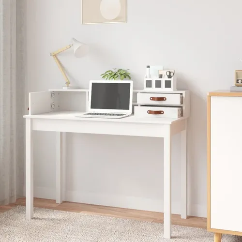The Living Store Schreibtisch Weiß 110x50x93 cm aus massivem Kiefernholz