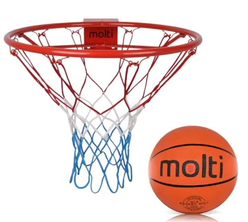 molti Basketball Set für Kinder | Ball Gr. 5| Ř 45 cm Basketballkorb mit Wandhalterung und abnehmbarem Basketballnetz Basketballring in Profigröße zur Wandmontage | 4 Befestigungsschrauben