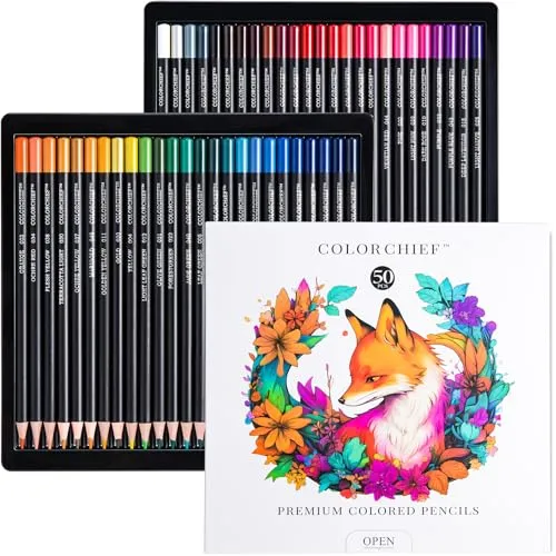 COLORCHIEF 50 Buntstifte für Malbücher für Erwachsene, Buntstiftset und Zeichenstifte zum Skizzieren, Künstlerbedarf für Jugendliche, weiche Mine, ölbasierend