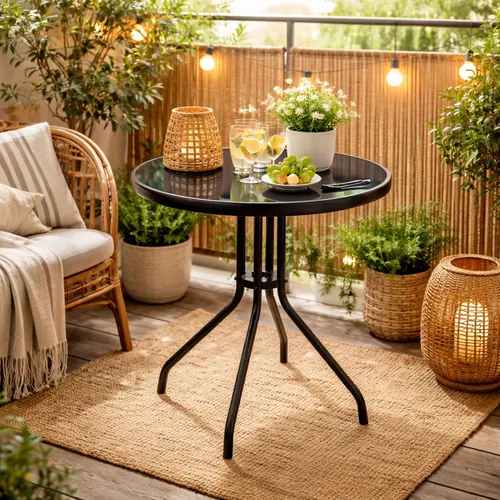 Runder Bistrotisch Ø60cm aus Glas und Metall in Schwarz - Wetterfester Balkontisch für Innen- und Außenbereich, ideal für bis zu 4 Personen - perfekt für gemütliche Abende auf Balkon oder Terrasse.