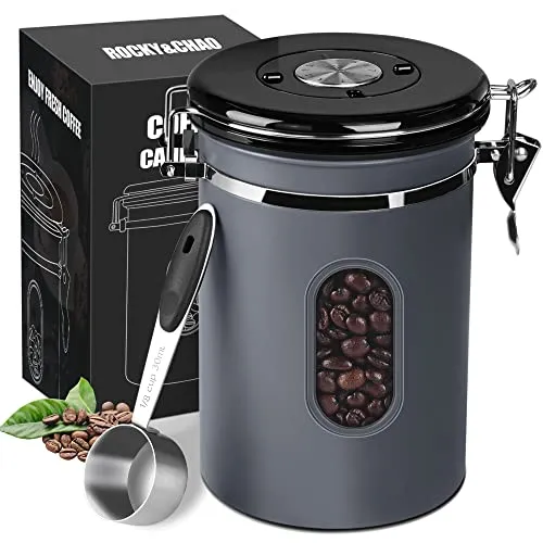 ROCKY&CHAO Kaffeedose Luftdicht aus Edelstahl 1,8L Kaffeebhnen Behälter 600g mit Sichtfenster an der Seite Vorratsdose für Tee Nüsse Kakao Länger und Frisch Bleiben