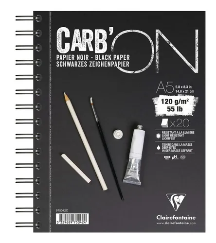 CLAIREFONTAINE Zeichenpapier Clairefontaine Carb´On A5 Schwarz Spirale 120g 20Bl
