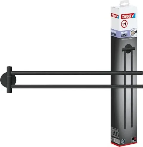 tesa Moon Black Handtuchhalter 2-armig, matt schwarz - Handtuchhalter für Bad & WC im modernen Industrie-Style, bohrfrei mit einfacher Klebelösung - ideal für eine elegante und unkomplizierte Montage ohne Schäden.