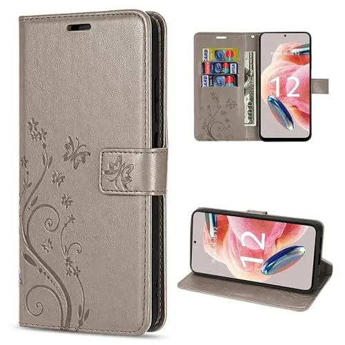 betterfon Hülle Kompatibel mit Xiaomi Redmi Note 12 4G | Premium PU Leder Handyhülle Wallet Case für Redmi Note 12 4G | Schutzhülle Blumen Klapphülle Handyhülle | Grau