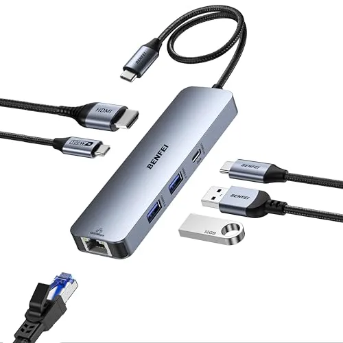 BENFEI 6IN1 USB C Hub mit HDMI 4k@60HZ/PD 100W/ Gigabit Ethernet/ 1*USB C+2*USB A Datenports 5Gbps, USB Dock USB Adapter Multiportadapter für MacBook Pro/Air iPad iMac iPhone 15 Pro/Pro Max