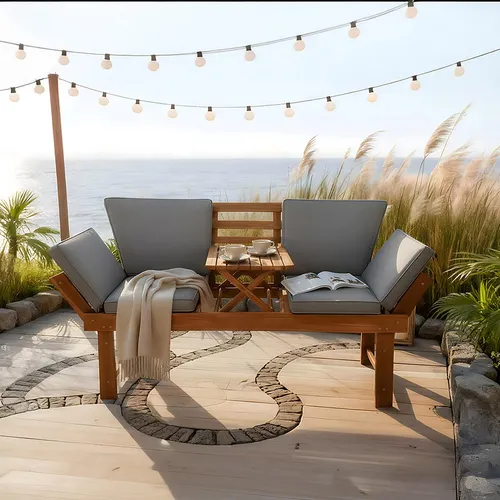 Riess Ambiente Modular Gartenbank 200cm aus Akazie - Hochwertige Outdoor-Sitzbank aus massivem Akazienholz mit integriertem Tisch. Flexibles Design und klappbare Elemente für einfachen Transport und platzsparende Aufbewahrung. Inklusive bequemer Kissen für entspannte Stunden im Freien.