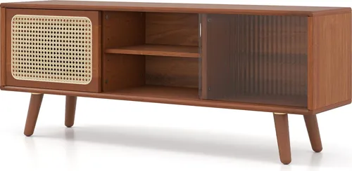 COSTWAY TV Schrank mit Rattan- & Glasschiebetür von Costway