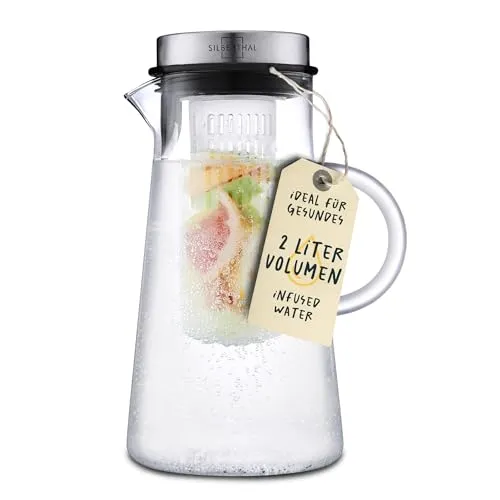 SILBERTHAL Glaskaraffe mit Deckel - 2 Liter - Geschirr - Ideal für erfrischendes Infused Water mit herausnehmbarem Fruchtsieb und tropffreiem Ausguss. Hitzebeständig und spülmaschinenfest für einfache Reinigung.