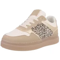 Ital-Design Damen Low-Top Freizeit Sneaker mit Keilabsatz - Wanderschuhe in Beige/Braun, mit 4 cm Keilabsatz für zusätzlichen Komfort und Stil, ideal für den Alltag und Freizeitaktivitäten.