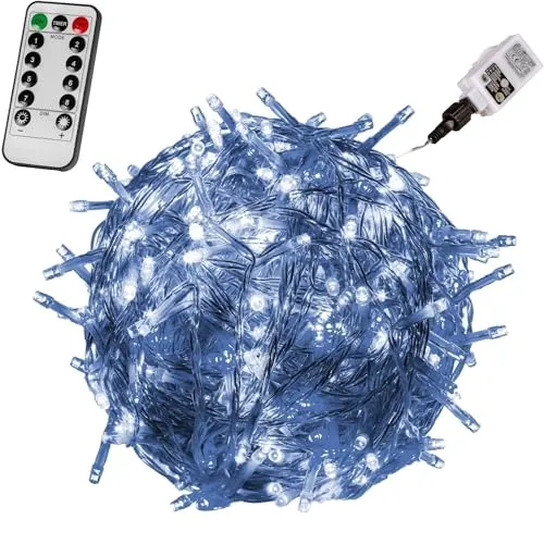 VOLTRONIC LED Lichterkette, IP44, Modell- und Farbwahl, 600 LEDs, Transparentes Kabel, kaltweiß, Fernbedienung