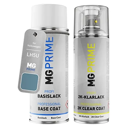 MG PRIME Autolack 2K Spraydosen Set für Volkswagen VW LH5U / H5U / X2 Taubengrau Metallic/Dove Blue Metallic Basislack 2 Komponenten Klarlack Sprühdose