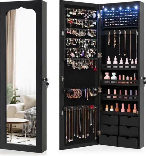 COSTWAY Schmuckschrank mit LED Beleuchtung, 6 Schubladen & Spiegel, abschließbar, Schwarz