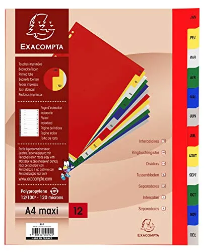 Exacompta 92E Kunststoff-Register Jan-Dez für DIN A4 MAXI aus langlebigem Kunststoff 12-teilig volle Höhe 24 x 29,7 cm weiß bedruckte, bunten Taben Universallochung Indexseite zum selbstgestalten
