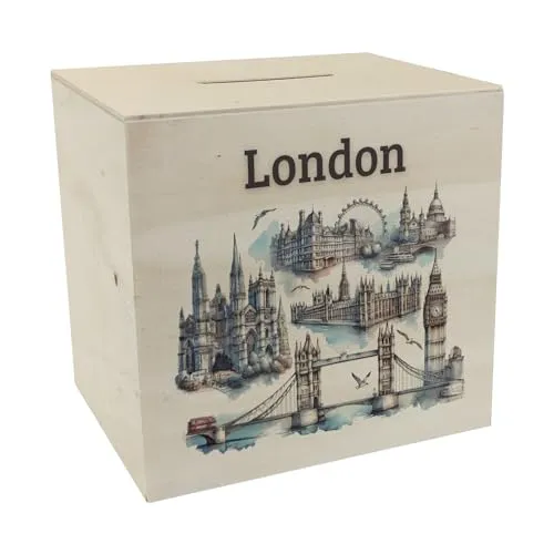Produktbild Skyline London Spardose aus Holz Wahrzeichen der Stadt Big Ben Tower Bridge London Eye Buckingham Palace - Perfekt für Sammler