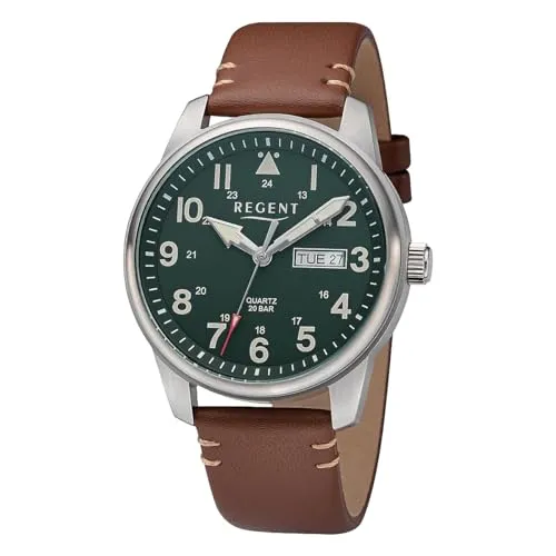 REGENT Herrenuhr Tag Datum mit braunem Lederband ⌀ 41mm - Armbanduhren für Herren mit großem Durchmesser, nachleuchtenden Zeigern und robustem Lederband – ideal für stilbewusste Männer.