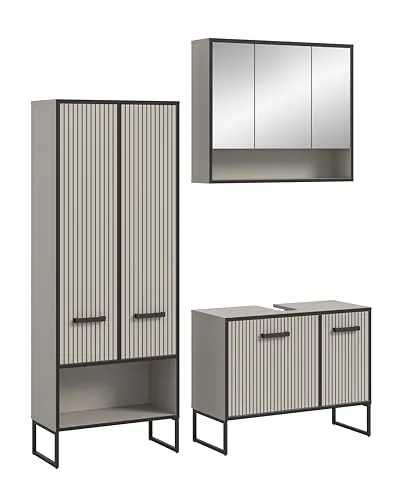 xonox 3-tlg. Badmöbelkombination Bagno - Badmöbelsets, modernes Design mit hohem Schrank, Spiegelschrank und Waschbeckenunterschrank – ideal für stilvolle Badezimmergestaltungen.