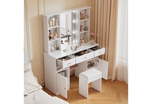 Odikalo Schminktisch mit Spiegel und Hocker – Weiß - Eleganter Schminktisch mit großem Spiegel, 3 Schubladen und 2 Türen für optimalen Stauraum. Ideal für Kosmetik und Schmuck, aus pflegeleichtem Material mit stabiler Bauweise. Perfekt für ein stilvolles Schlafzimmer.