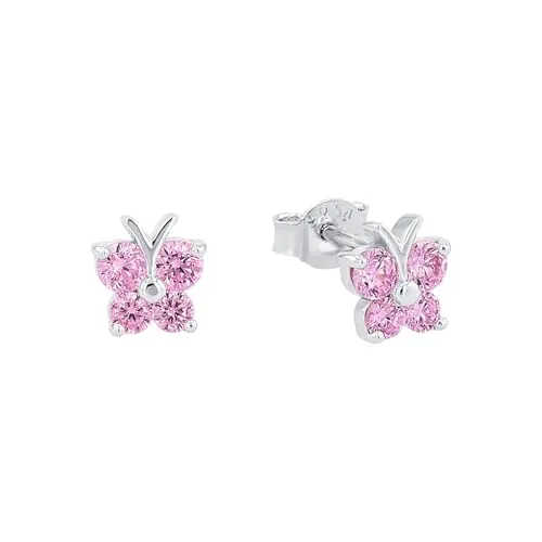Amor Ohrstecker 925 Sterling Silber Mädchen Kinder Ohrschmuck, mit Zirkonia synth, 0,7 cm, Rosa, Schmetterling, Kommt in Schmuck Geschenk Box, 9210015