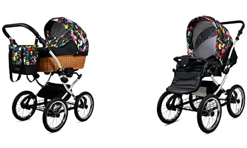 BabyLux ALU 2in1 Kinderwagen für Kleinkinder – Kinderwagen für Neugeborene und Kleinkinder – Baby Neugeborenen Kinderwagen – 59x105x125cm – Max. 15kg – Garden Flowers Silver Frame