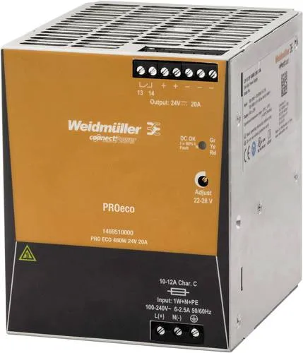 Weidmüller PRO ECO 480W 24V 20A Stromversorgung - Stromversorgung für Gleichspannung mit einstellbarer Ausgangsspannung, stabilisiert und kurzschlussfest. Ideal für industrielle Anwendungen.
