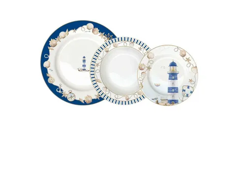 18tlg. Tellerset BLUE LIGHTHOUSE Leuchtturm - Essservices mit maritimem Design, 18-teiliges Porzellan Tellerset, spülmaschinengeeignet und ideal für stilvolle Tischdekoration.
