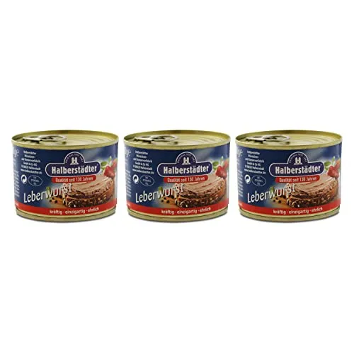 3er Pack Halberstädter Leberwurst (3 x 160 g) Leberwurst in der Dose, Konserve, Wurstkonserve, Konservendose