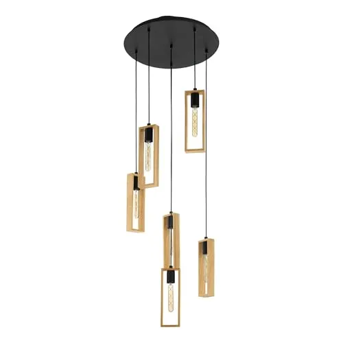 EGLO Pendellampe Littleton - 6-flammige Vintage Hängelampe im Industrial Design - Stilvolle Pendelleuchte aus FSC-zertifiziertem Holz und Stahl, ideal für Wohnzimmer oder Esszimmer. Verleiht jedem Raum einen einzigartigen Vintage-Charme. Leuchtmittel separat erhältlich.