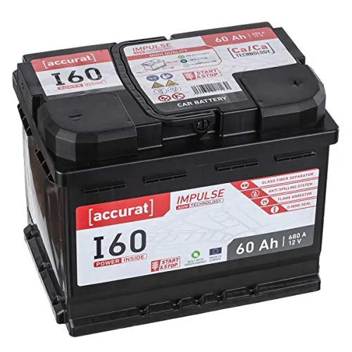 Accurat Impuls I60 AGM Autobatterie - 12V, 60Ah, 680A, zyklenfest, wartungsfrei, 30% mehr Startleistung, Ca-Technologie - Starterbatterie, Blei-Säure Batterie, Akku für Start-Stop & Hybrid Fahrzeuge