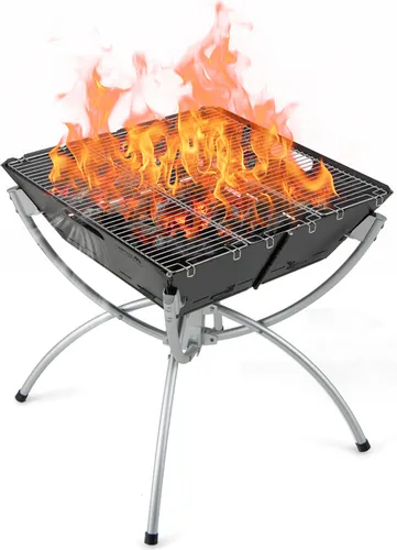 COSTWAY 3-in-1-Campinggrill, Feuerstelle für Brennholz & Holzkohle mit Edelstahlgrillrosten, Tragetasche & Handschuhen, Feuerschale tragbar 45x45x49cm
