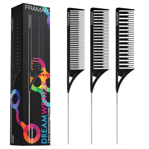 FRAMAR Schwarz Strähnenkamm Blondierung – Strähnchenkamm, Strähnchen Kamm, Friseur Kamm Set, Stielkamm Friseur, Frisierkamm Set, Friseurkamm Profi, Haarkamm Schwarz, Haarkämme – 3pc