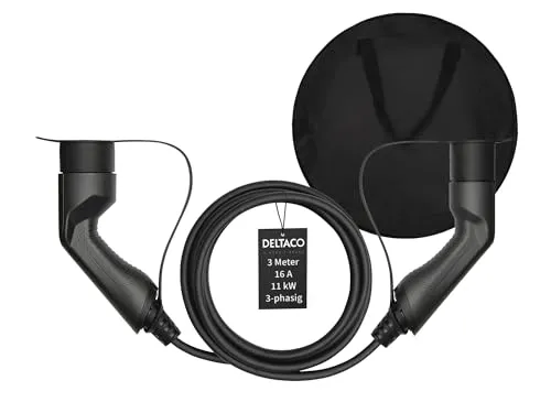 DELTACO Typ 2 EV-Ladekabel für E-Autos, 3m inkl. Tasche - Fahrzeugbatterie-Ladegeräte, wetterfest und IP66 zertifiziert für sicheres Laden bei jedem Wetter, inklusive praktischer Tragetasche.